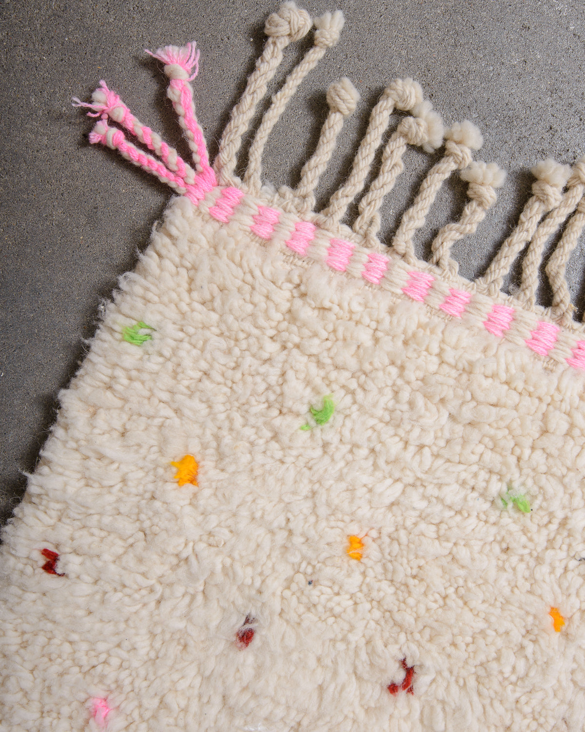 Modern, designer, handcrafted Berber rug from Morocco. Beniourain carpet with beautiful colours and patterns and fluffy wool texture.